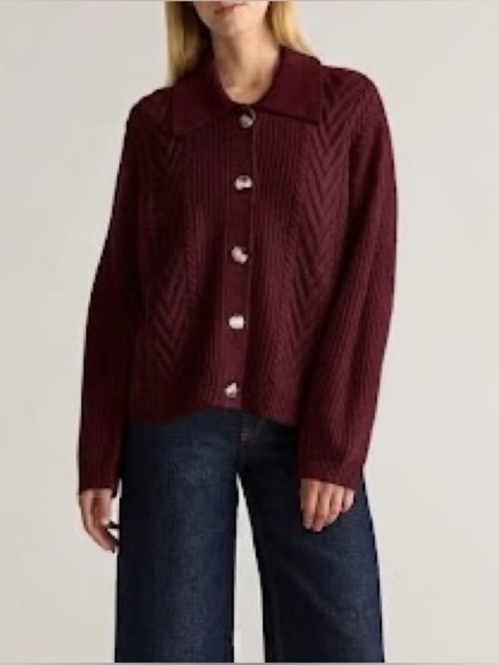 Quince 100% Merino Wool Collared Cable Knit Cardigan Sweater Burgundy Small